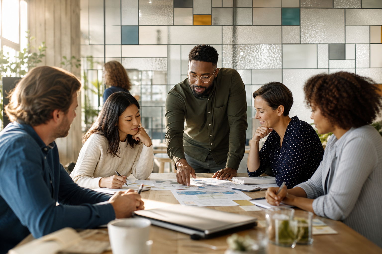 Consultants collaborating in a bright modern workplace